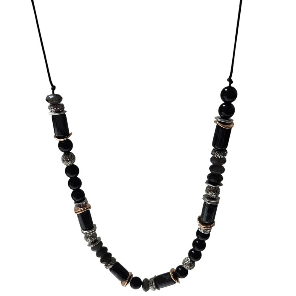 Handmade Elegant Black Beaded Necklace Gold Silver Accents Adjustable Cord Women